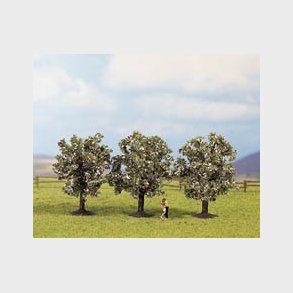 3 frugttrer, rosa blomster, h. 8cm